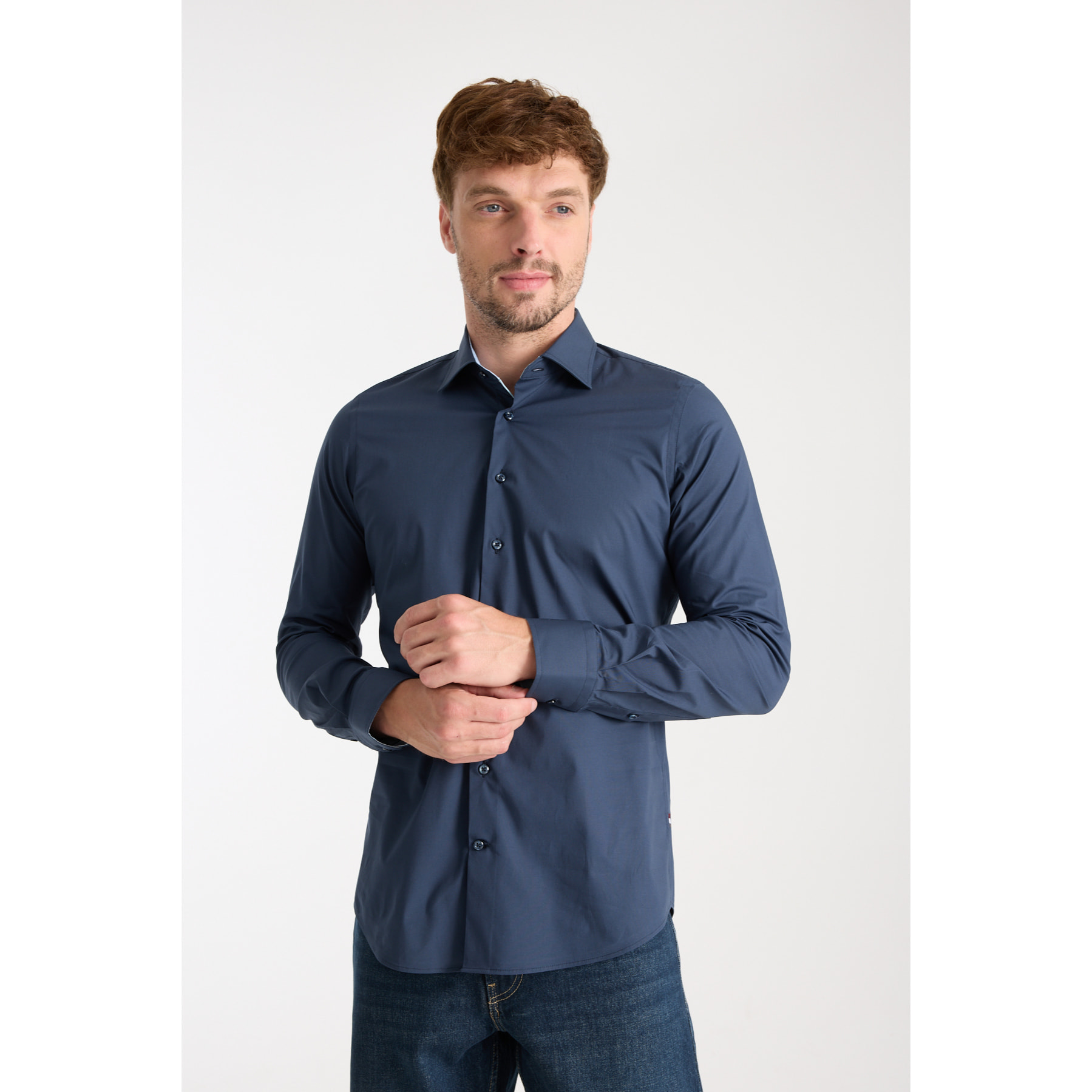 Camicia Uomo 1 Bottone Francese Slim Popeline Stretch Unito Blu