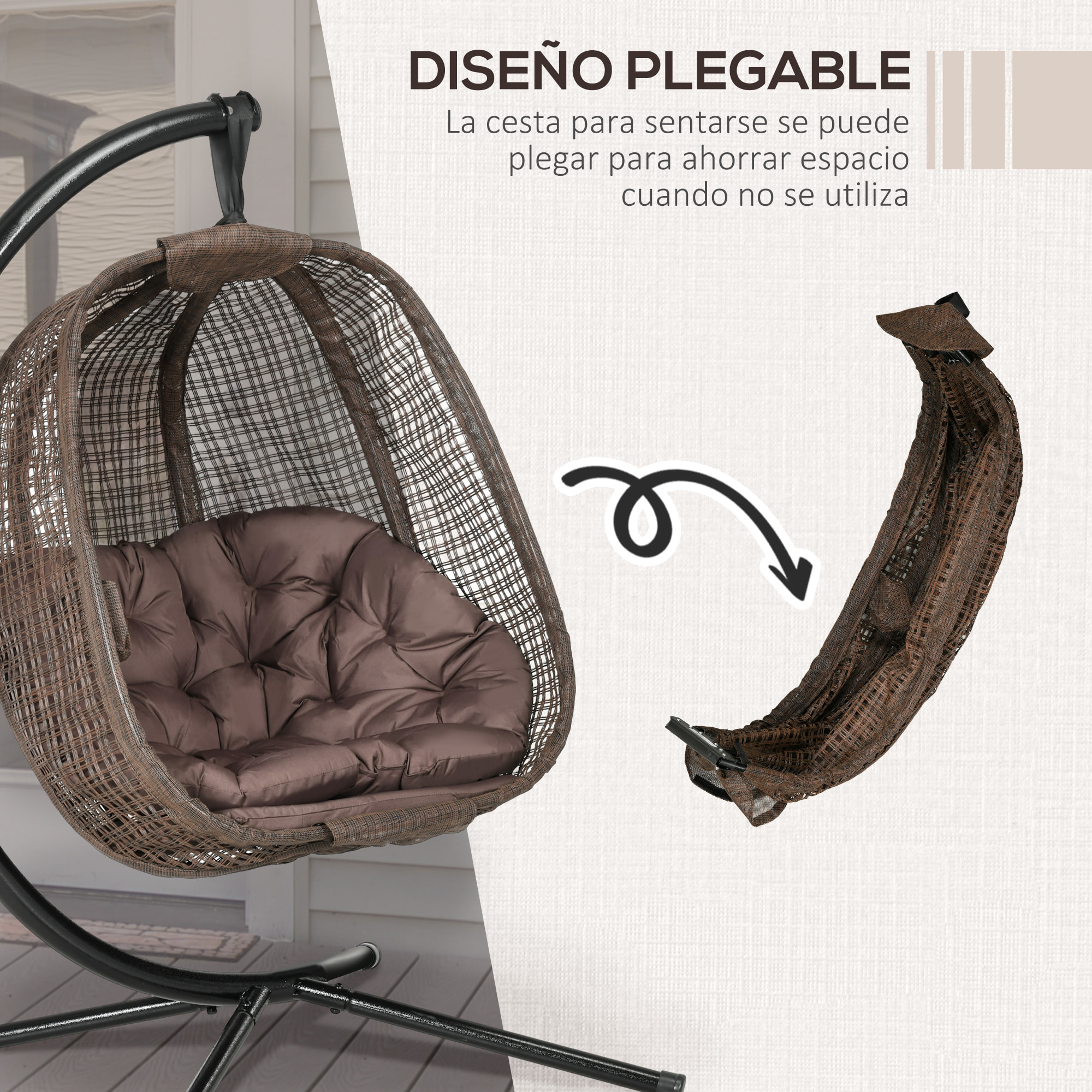 Silla Colgante con Efecto Imitación Ratán Sillón Colgante con Soporte de Acero Cesta Plegable Bolsa de Taza y Cojines Carga 120 kg para Interior y Exterior Café