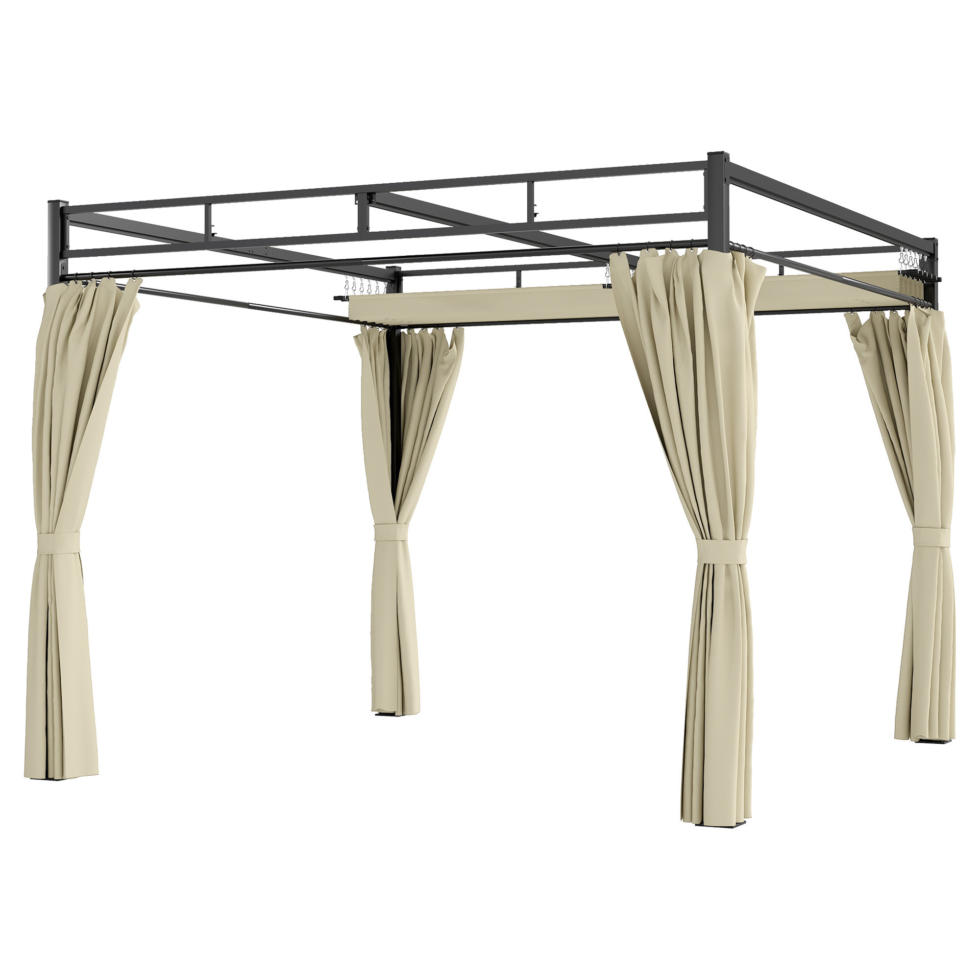 Pergola 3x3m toit rétractable 4 rideaux UV30+ métal noir beige