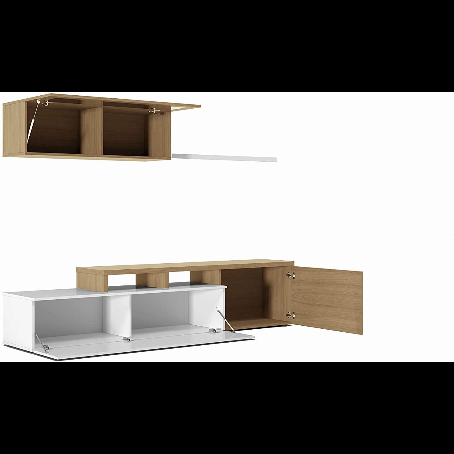 Parete Attrezzata Soggiorno Moderna Salotto con Mobile TV Modulo Sospeso Anta in Vetro Fumé Mensola Scandinavo Moderno 200x43x41 Cm Bianco Rovere