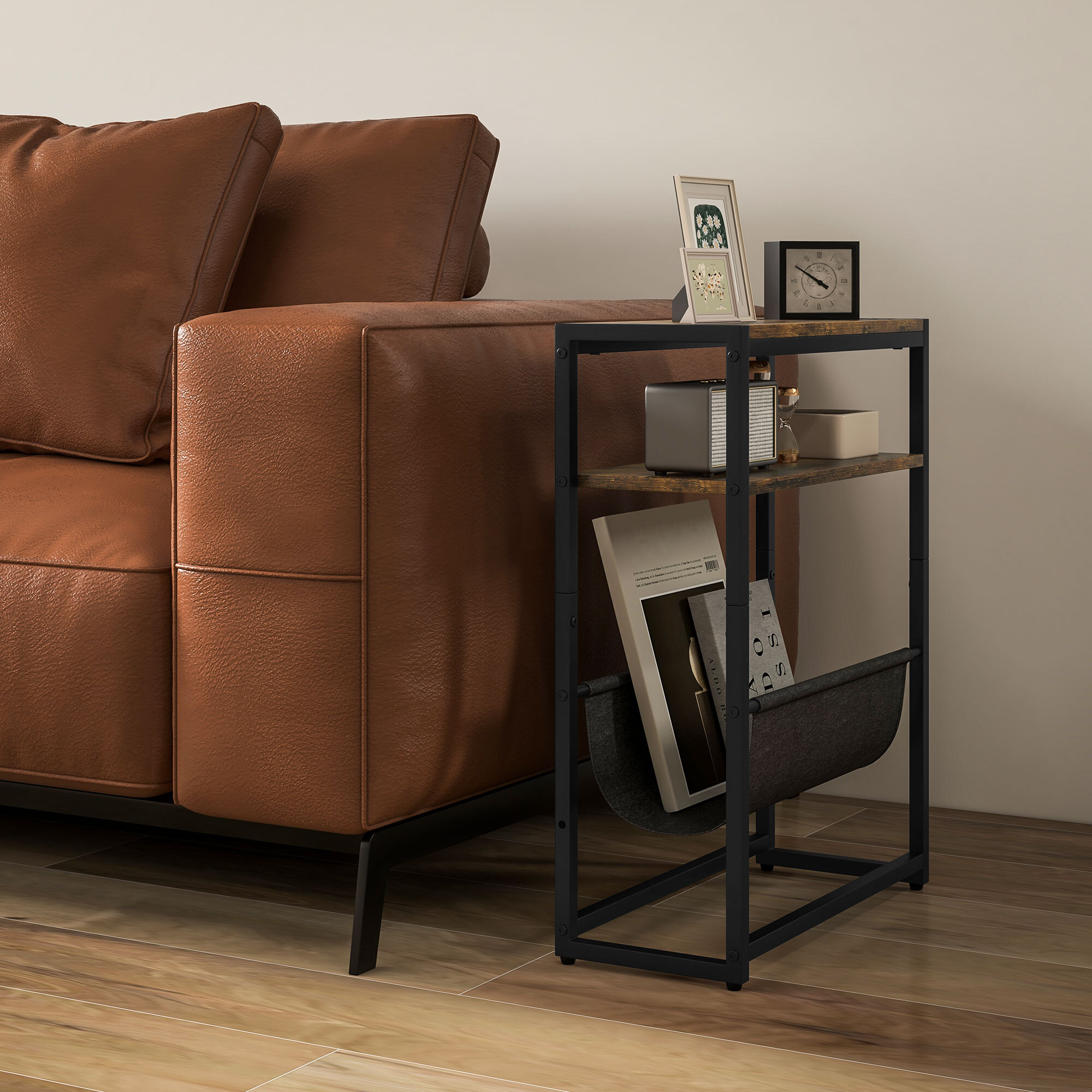 Table d'appoint bout de canapé table d'entrée avec étagère et porte-revues structure en acier design industriel - 43l x 18P x 56H cm noir marron foncé
