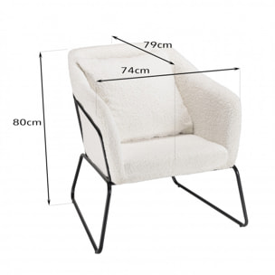 ALBANE - Fauteuil tissu bouclette blanc pieds évasés métal noir