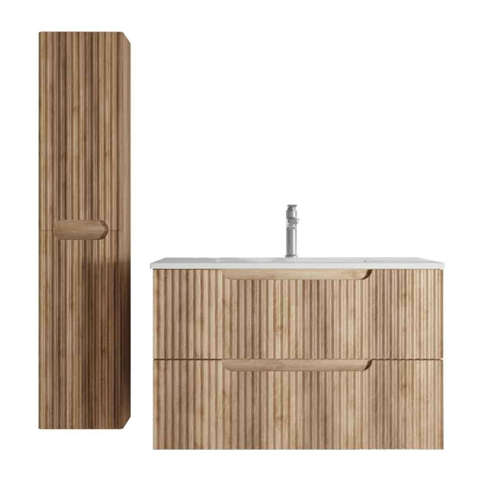 Meuble et colonne de Salle de Bains LEON 80cm Décor Bois - Façades Ondulées - Vasque Blanche Mate