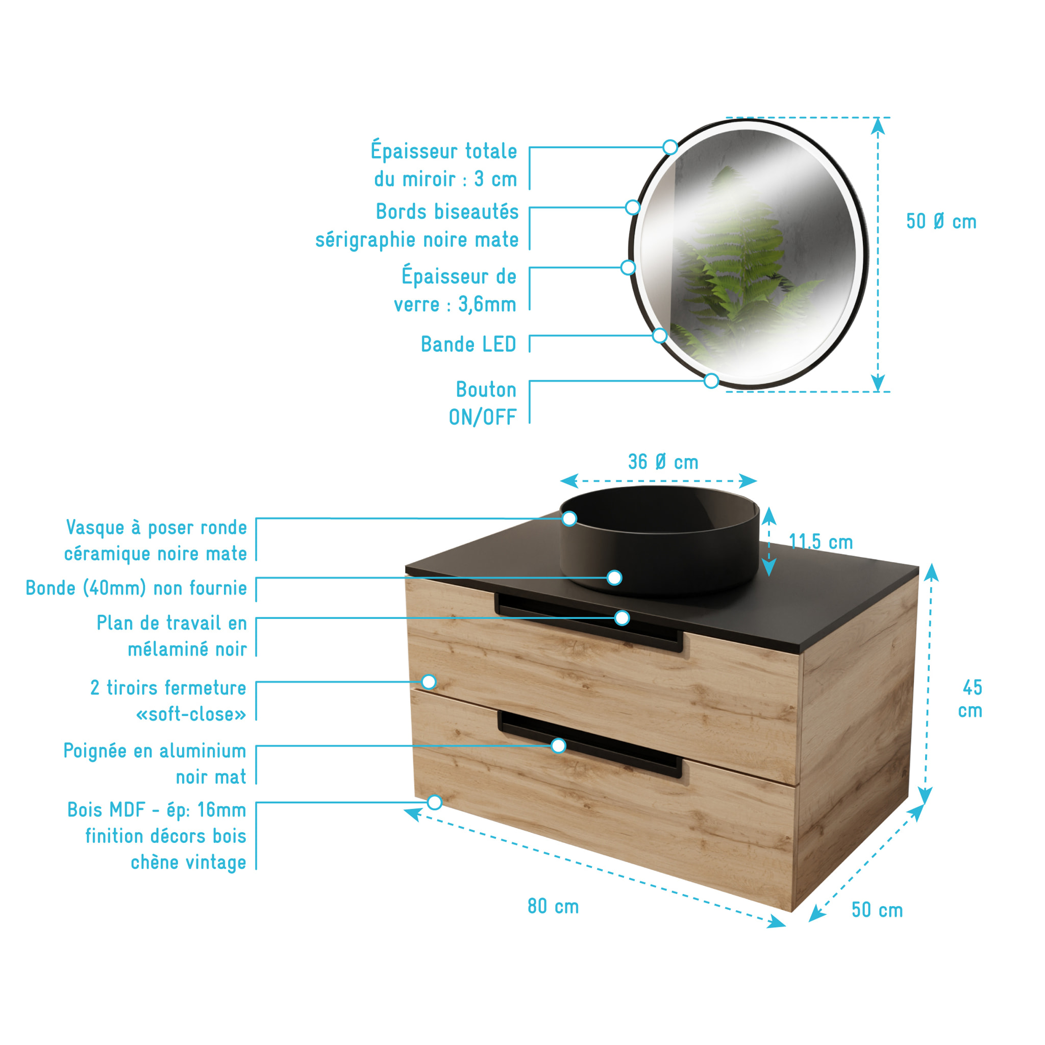 Meuble salle de bains 80cm Decor Bois et Noir, 2 Tiroirs, Vasque Noire 36cm et Miroir Led 50cm