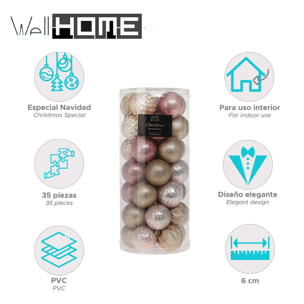set de 35 bolas de navidad de 6cm con 5 diseños diferentes en relieve color champagne