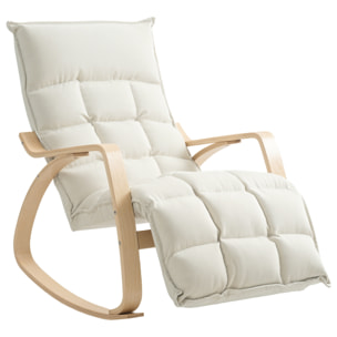 Fauteuil à bascule style nordique repose-pieds ajustable épais coussin blanc cassé bois clair cintré