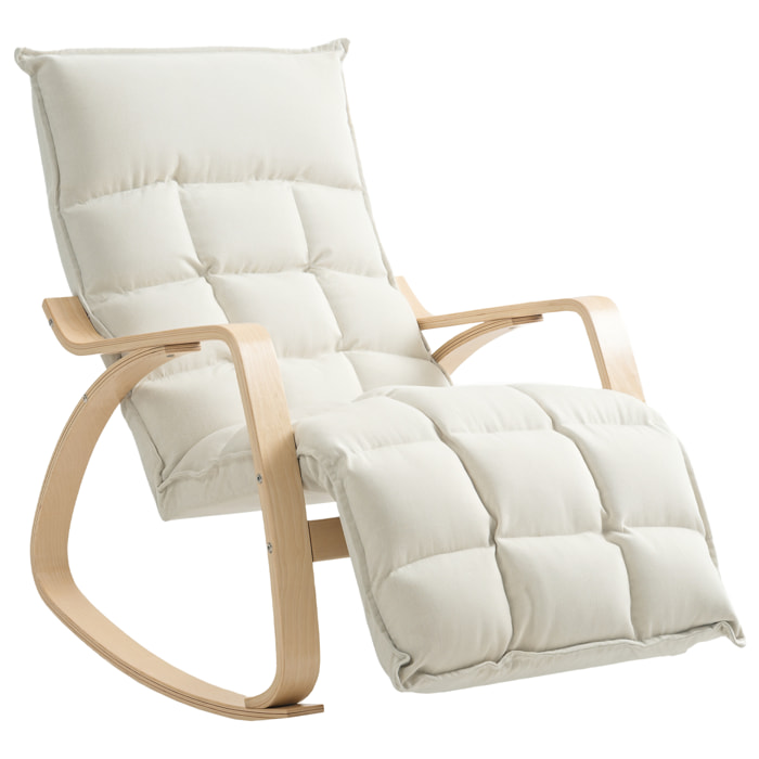 Fauteuil à bascule style nordique repose-pieds ajustable épais coussin blanc cassé bois clair cintré