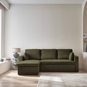 Canapé d'angle convertible en velours côtelé kaki foncé- IDA - 3 places. fauteuil d'angle réversible coffre rangement lit modulable