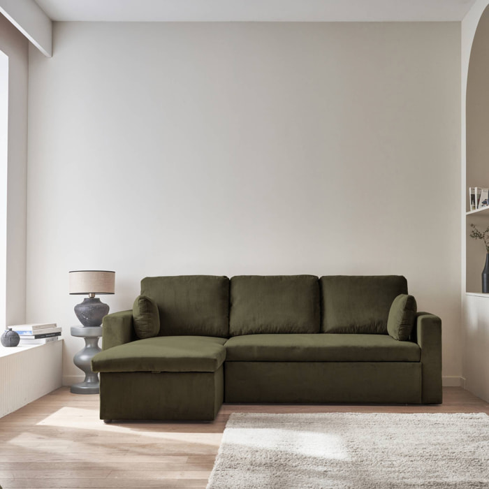 Canapé d'angle convertible en velours côtelé kaki foncé- IDA - 3 places. fauteuil d'angle réversible coffre rangement lit modulable