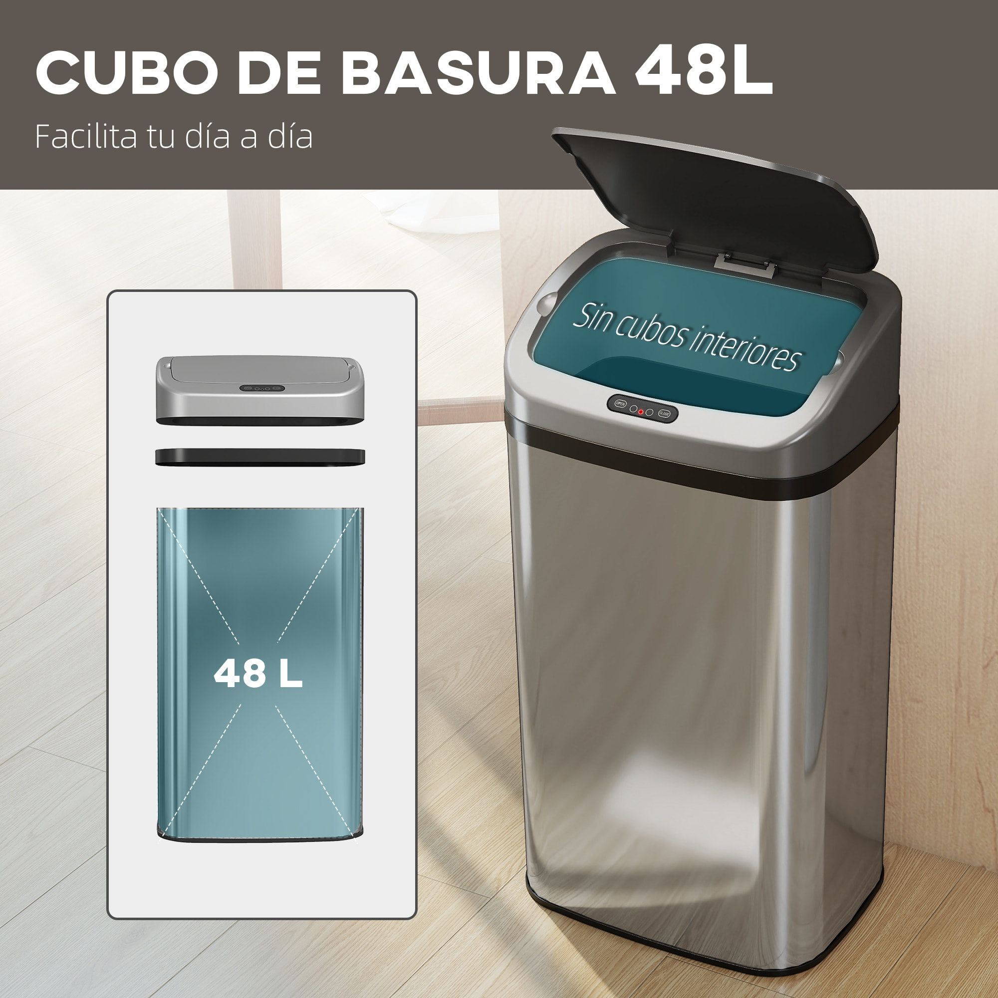 Cubo de Basura Cocina Automático 48 L, Papelera de Cocina de Acero Inoxidable, Sensor Infrarrojo, Cierre Automático, Antihuellas, para Dormitorio, Oficina, Plata