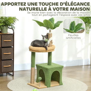 Arbre à chat design tropical - niche, panier observation, jeux boules, griffoirs - effet laine bouclée beige vert