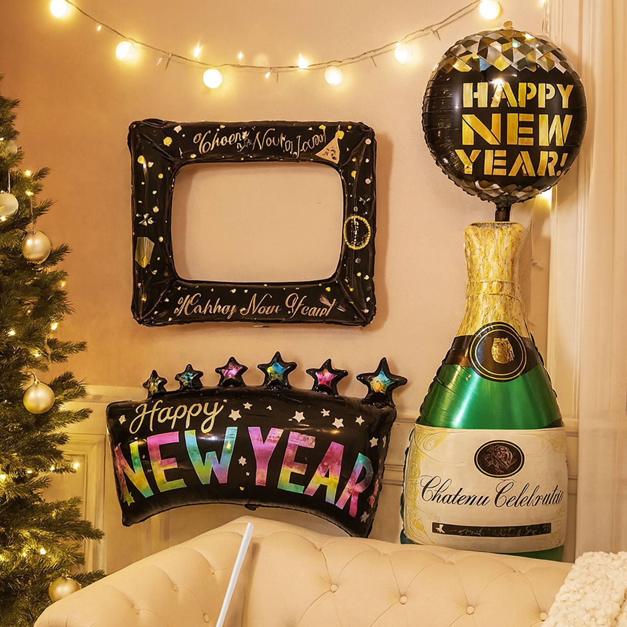 Set de globos para año nuevo - marco 40cm, banner 55cm, champagne 83cm y orbe 35cm