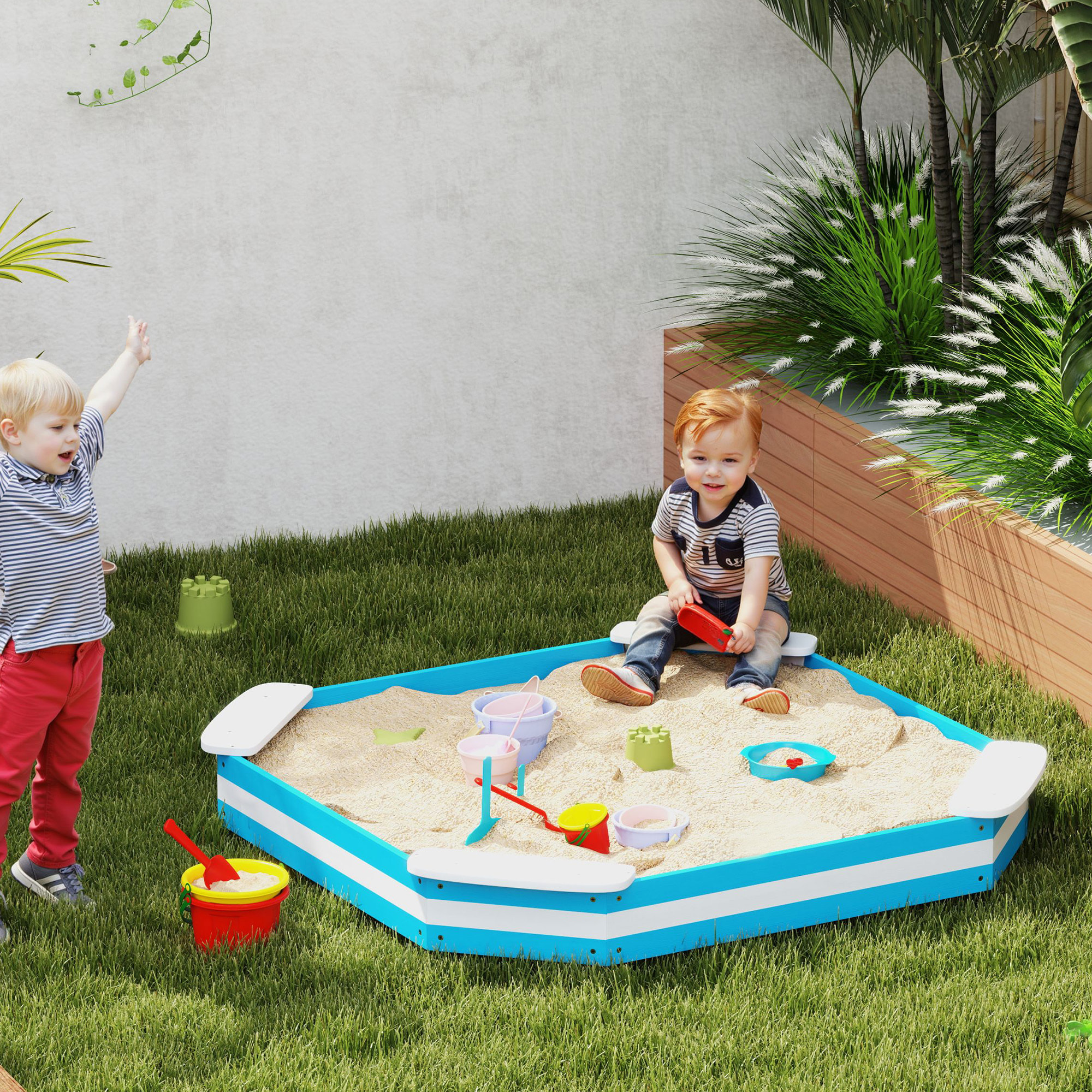 Arenero para Niños de +3 Años Arenero Infantil Cuadrada con 4 Asientos para Exterior 133x133x16 cm Azul y Blanco