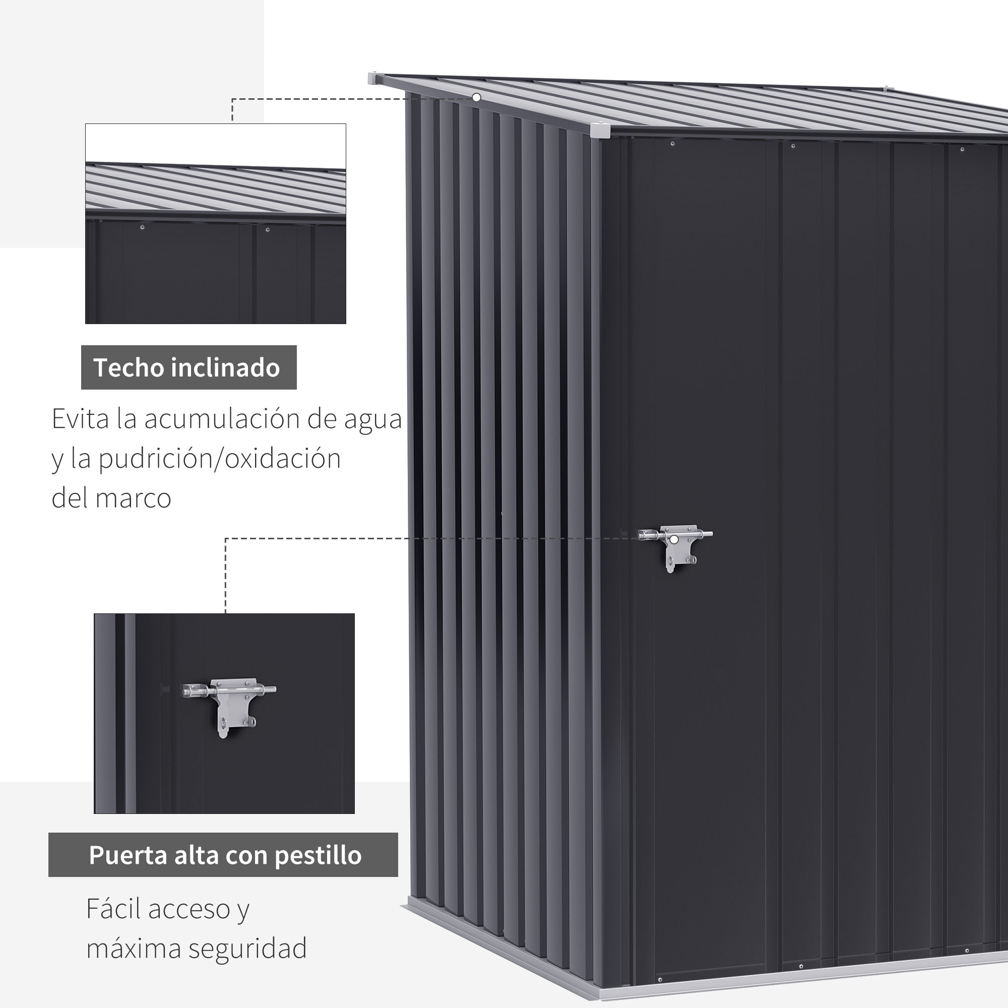 Caseta de Jardín 0,92 m² 100x103x160 cm Cobertizo Exterior de Acero Galvanizado con Puerta Cerradura y Techo Inclinado para Almacenamiento de Herramientas Gris Oscuro