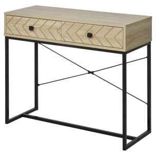 Table console industriel 2 tiroirs bois naturel pieds métal dim. 90 x 35 x 76 cm