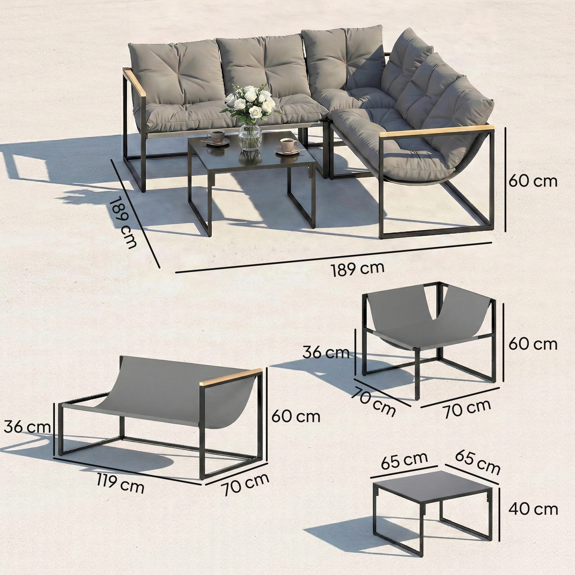 Conjunto de Muebles Jardín Exterior de 4 Piezas, Sofá Exterior Seccional Resistente Forma de L con Cojines Gruesos, 2 Sofás de 2 Plazas, Sofá de Esquina y Mesa Centro de Vidrio Templado, Gris