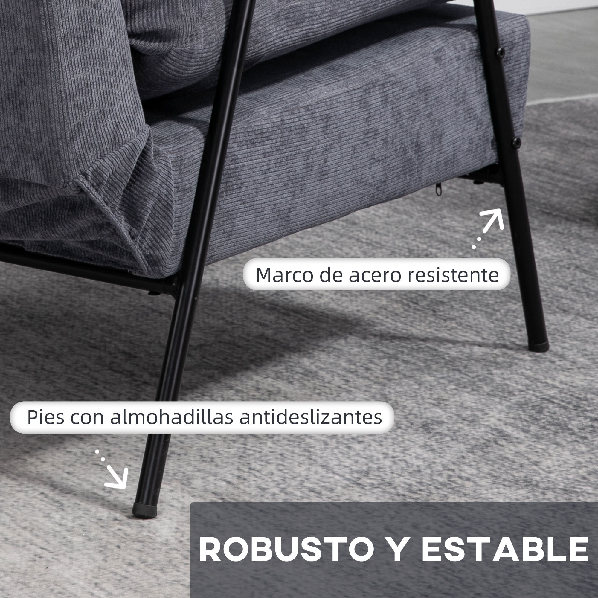 Sillón Relax con Reposapiés Sillón Reclinable con Respaldo Ajustable Tapizado en Pana Marco de Acero y Cojines para Salón 68x91,5x88 cm Gris