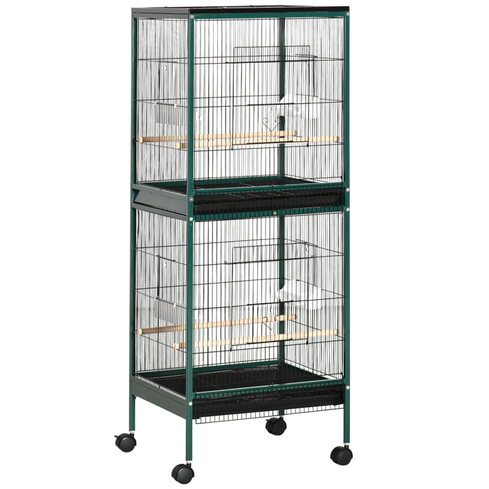 Grande cage à oiseaux sur pied à roulettes - volière double, mangeoires, perchoirs, plateau amovible - vert noir
