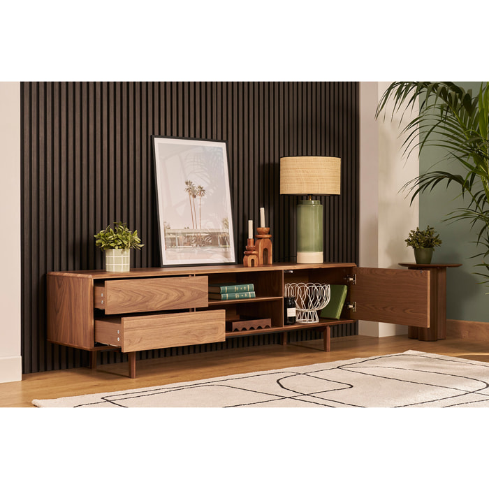 Meuble TV en bois foncé noyer 1portes 2 tiroirs L180 cm SUVA