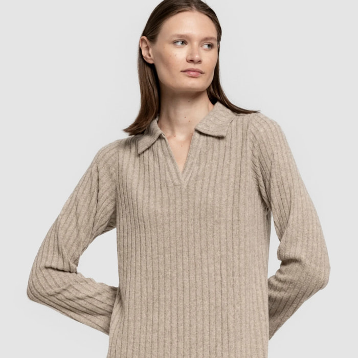 Vestido largo manga larga solapa 4x2 canalé mujer beige