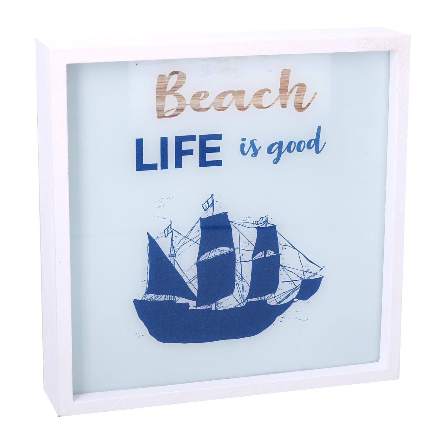 Quadro in legno bianco con led e barca quadrato cm20x20x4,5