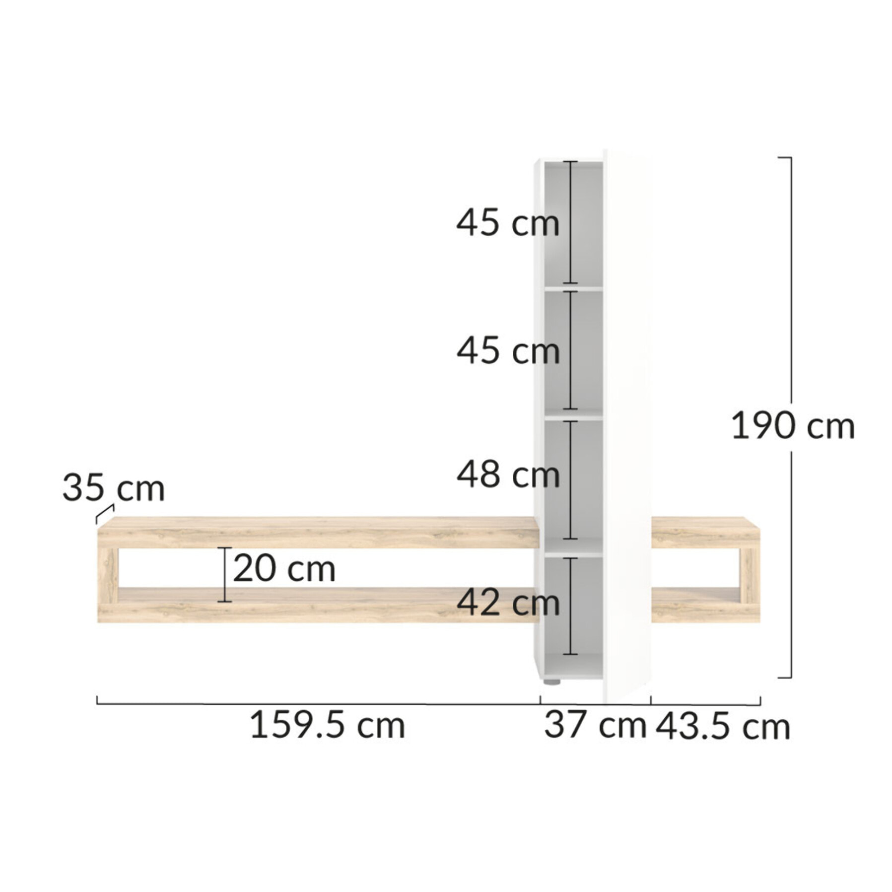 Ned - meuble tv suspendu - 1 porte et 3 étagères - bois et blanc - 240 cm - Bois / Blanc