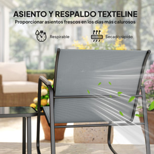 Conjunto de Mesa y Sillas de Terraza Exterior de 3 Piezas, Muebles de Jardín Exterior con 2 Sillas Mecedoras, Mesa con Encimera de Vidrio y Estructura de Acero, para Patio, Balcón, Gris