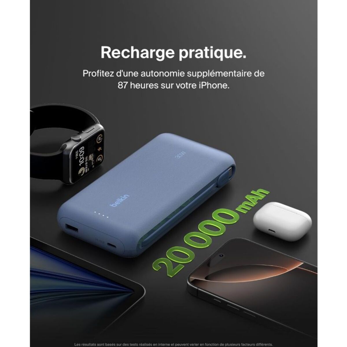 Batterie externe BELKIN 20000 mAh avec cable USB-C intégre bleu