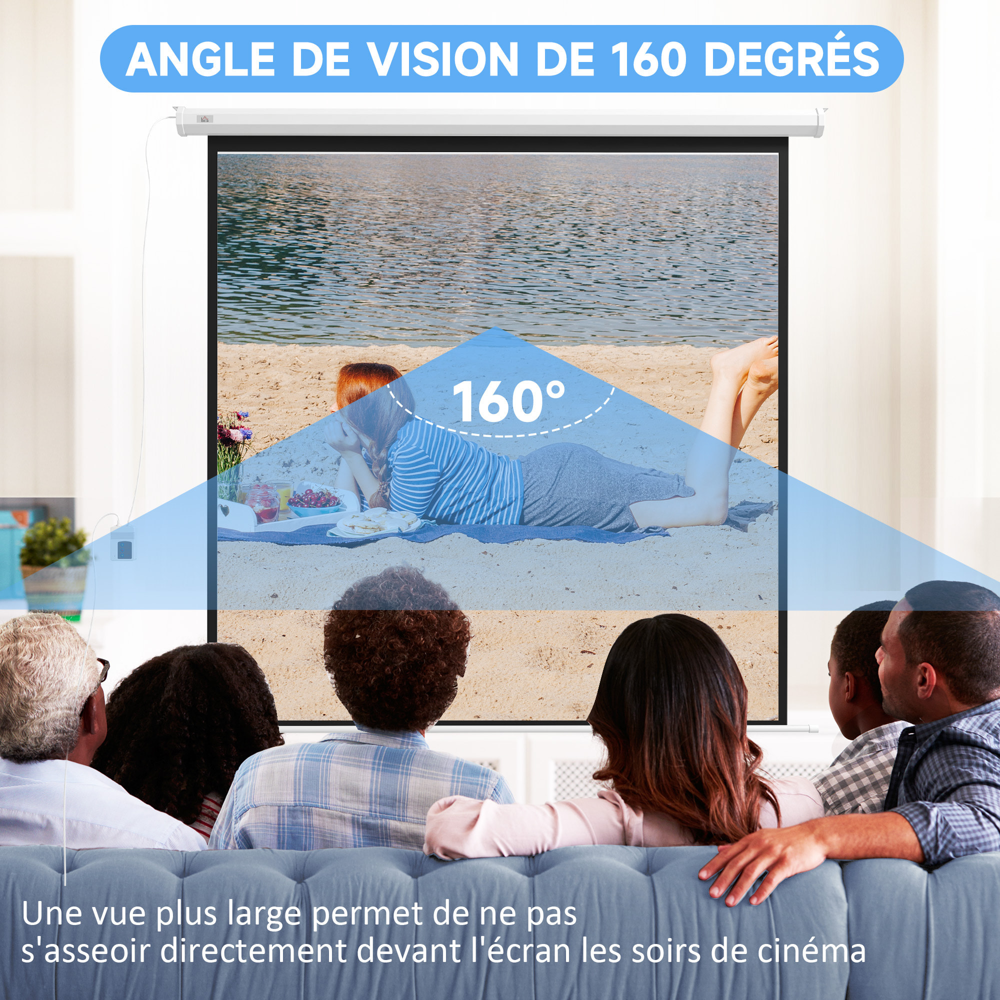 Écran de projection motorisé home-cinéma format 1:1 96 pouces 4K HD avec télécommande blanc noir