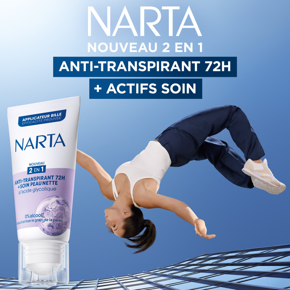 Narta Tube Roll-On Anti-Transpirant 72H + Soin Peau Nette à l'Acide Glycolique 50 ml