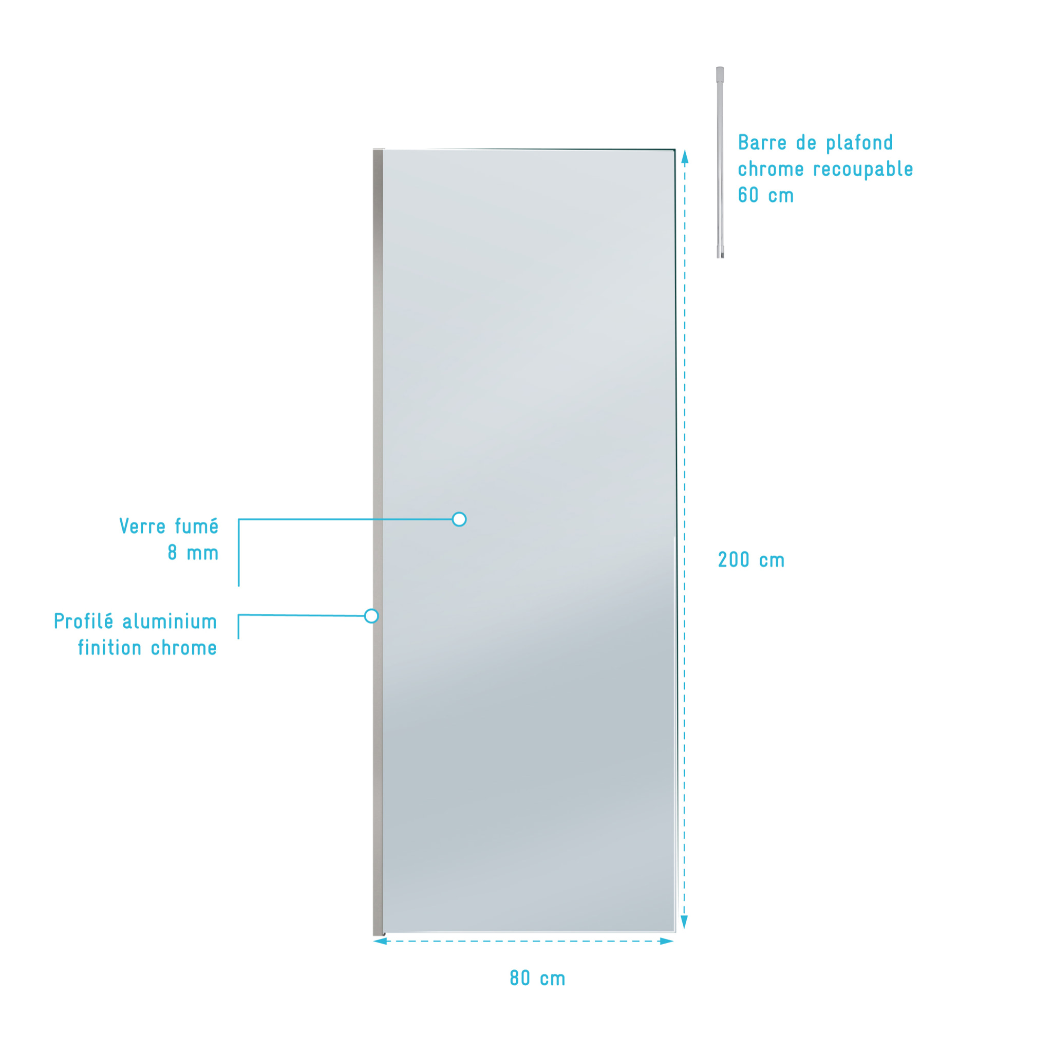 Paroi de Douche 80x200cm Verre Fumé - Profilé + Barre Plafond Finition Chrome - FREEDOM 2 SMOKED