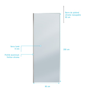 Paroi de Douche 80x200cm Verre Fumé - Profilé + Barre Plafond Finition Chrome - FREEDOM 2 SMOKED