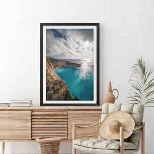 Poster bleu méditerranéen Affiche + cadre en bois - Noir