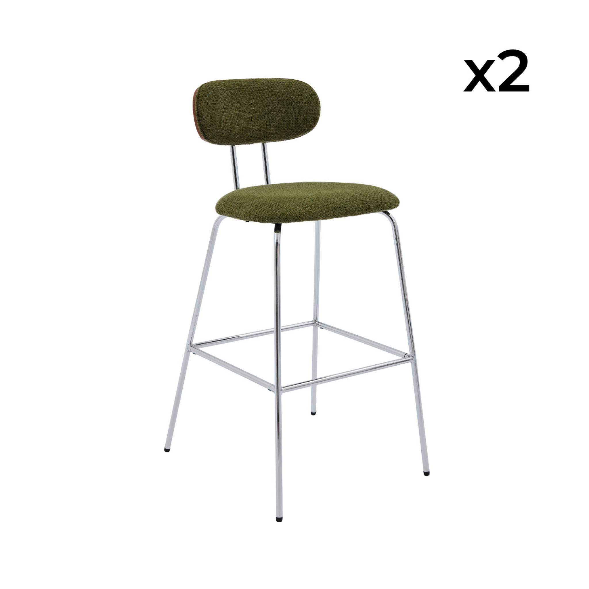 2 tabourets de bar décor bois courbé teinté noyer et tissu déperlant kaki. pieds métal chromé - L 44 x P 51 x H 103cm - Erin