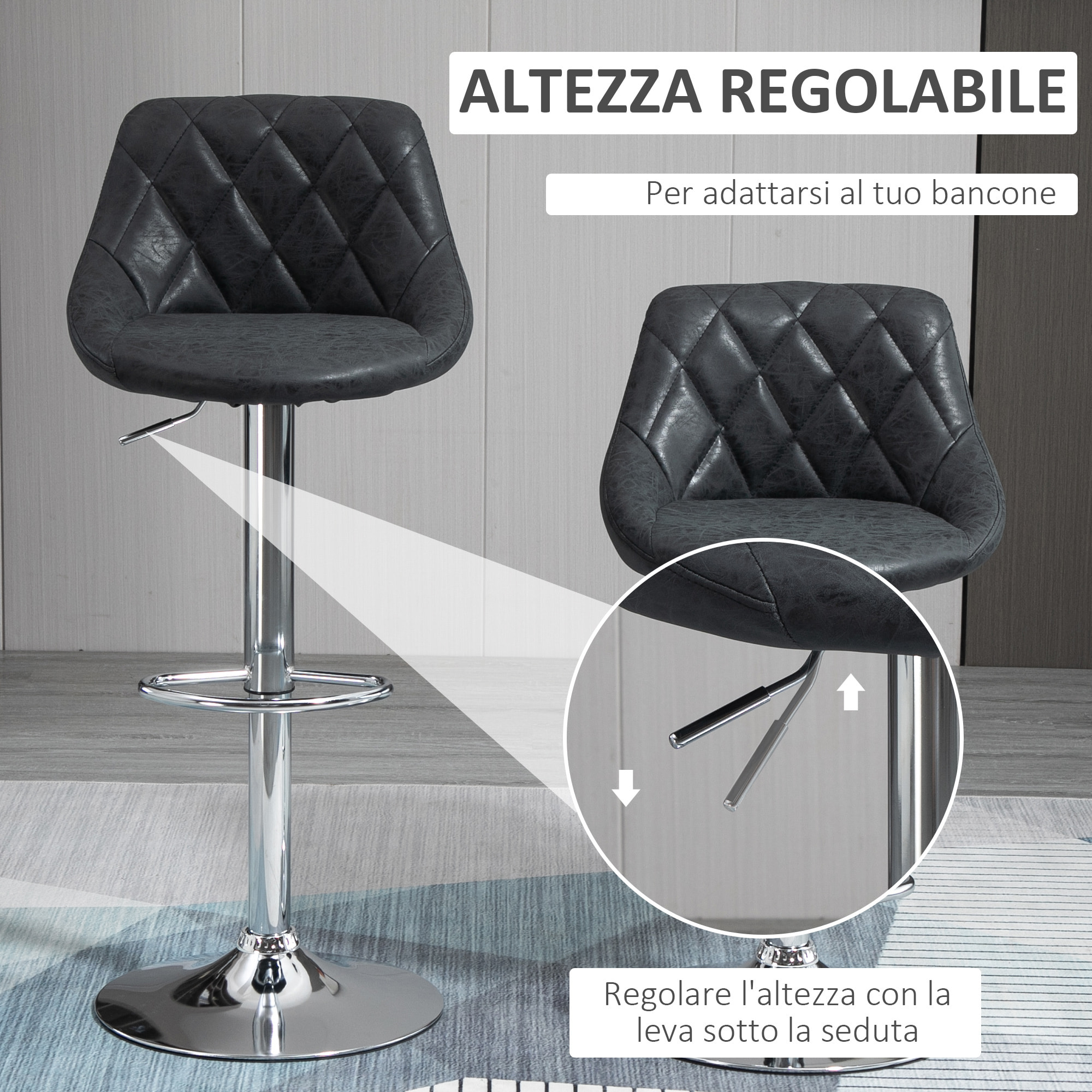 HOMCOM Set 2 Sgabelli da Bar di Design Girevoli con Altezza Regolabile - Nero