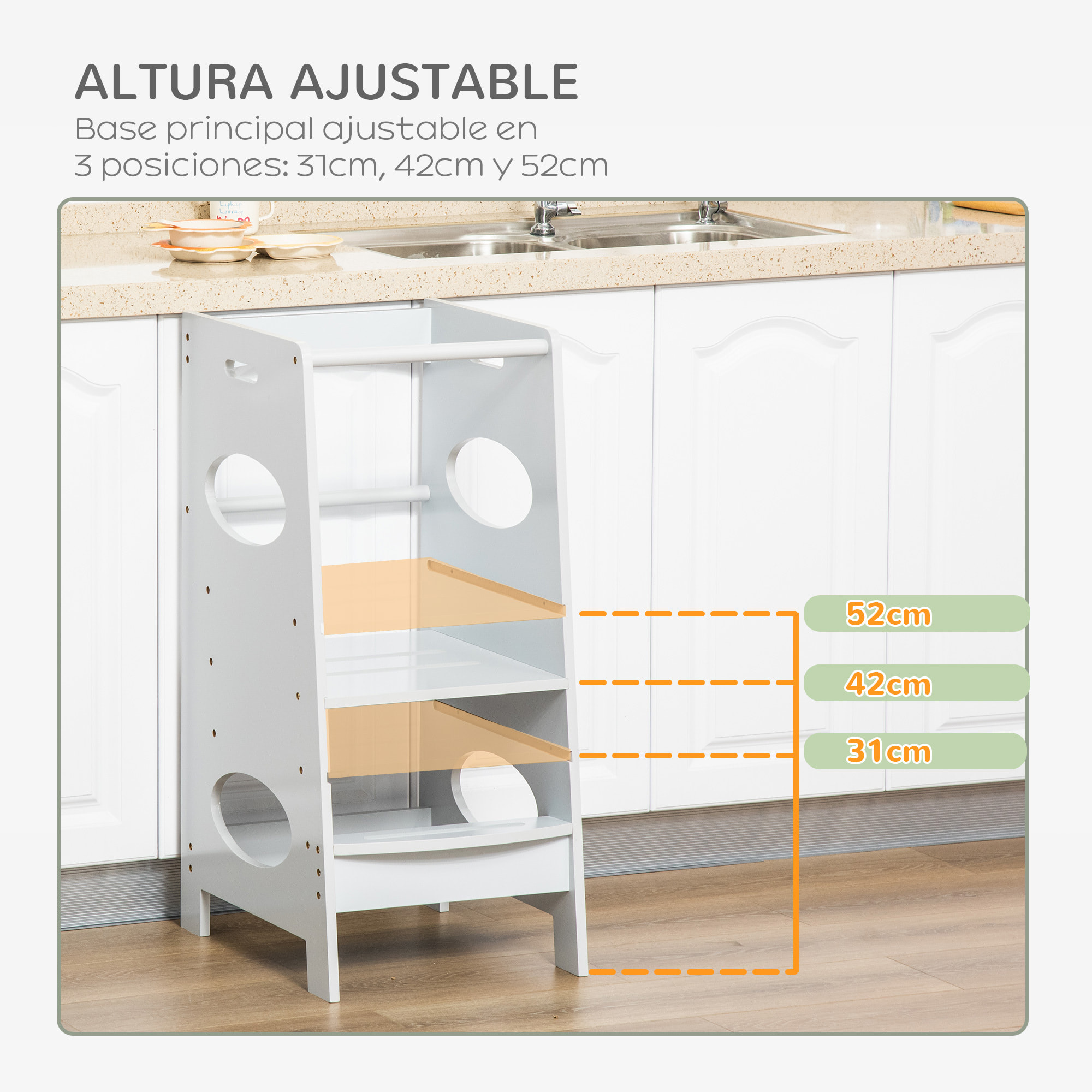 Torre de Aprendizaje de Madera para Niños Taburete de Cocina Infantil con Pedal Altura Ajustable en 3 Posiciones y Barra de Seguridad 40x50x90 cm Gris