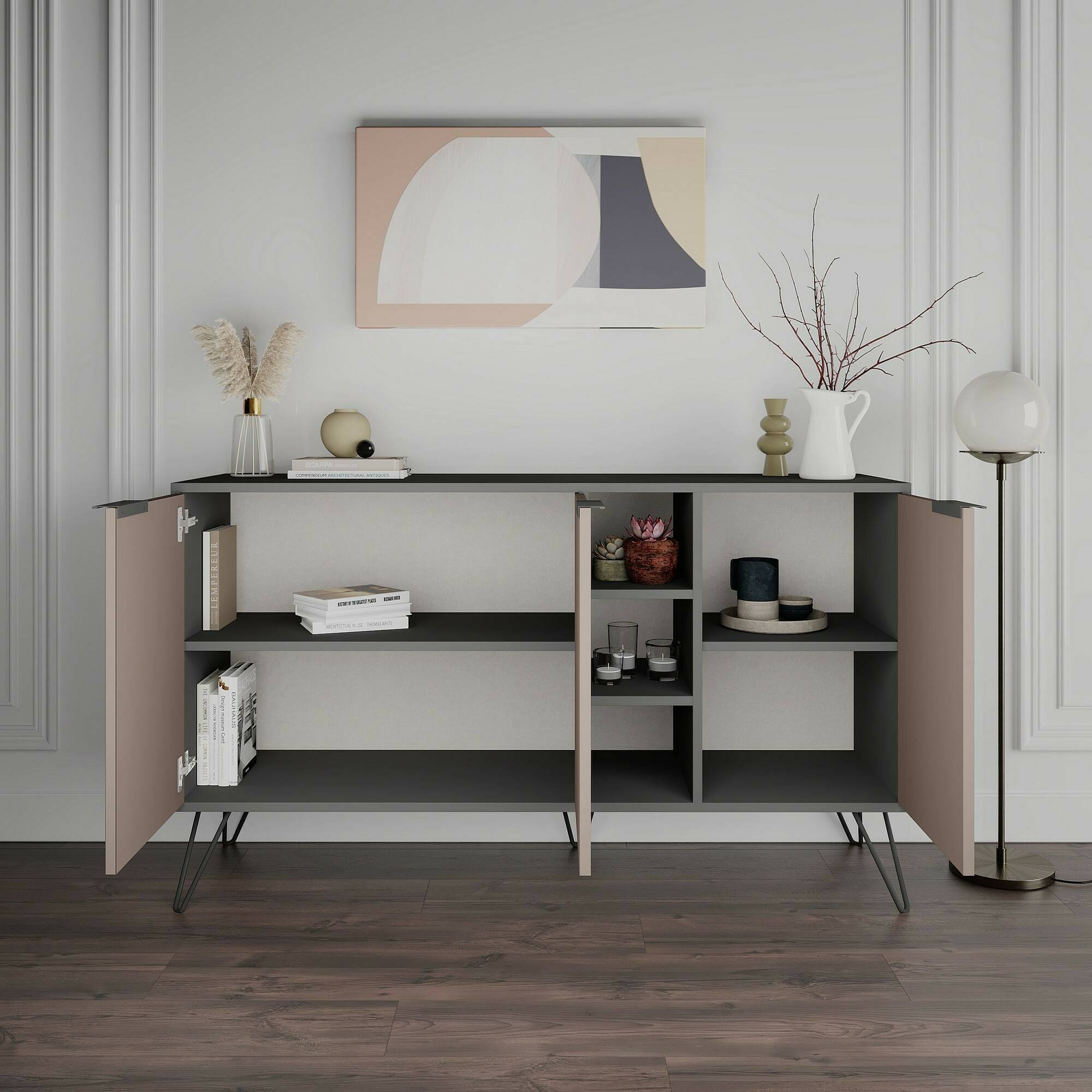 Credenza Dpenz, Buffet da soggiorno, Madia da salotto, Dispensa da cucina, 142x36h83 cm, Antracite e Beige