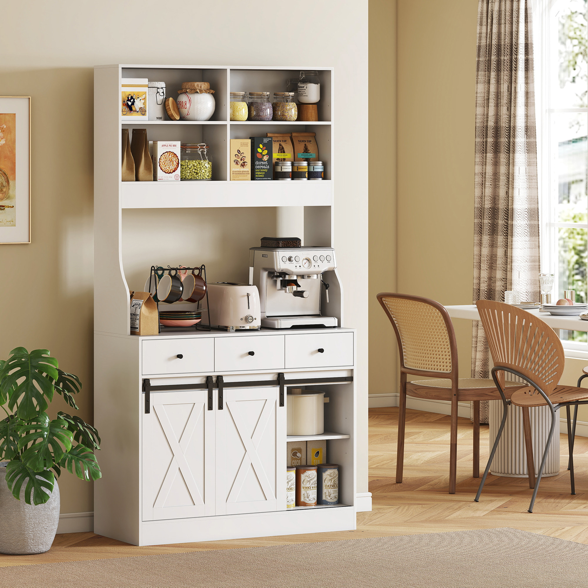 Alacena de Cocina Mueble Auxiliar de Cocina con 2 Puertas Corredizas 3 Cajones Encimera para Microondas y Estantes Ajustables Estilo Granja Blanco 93,5x40x180 cm