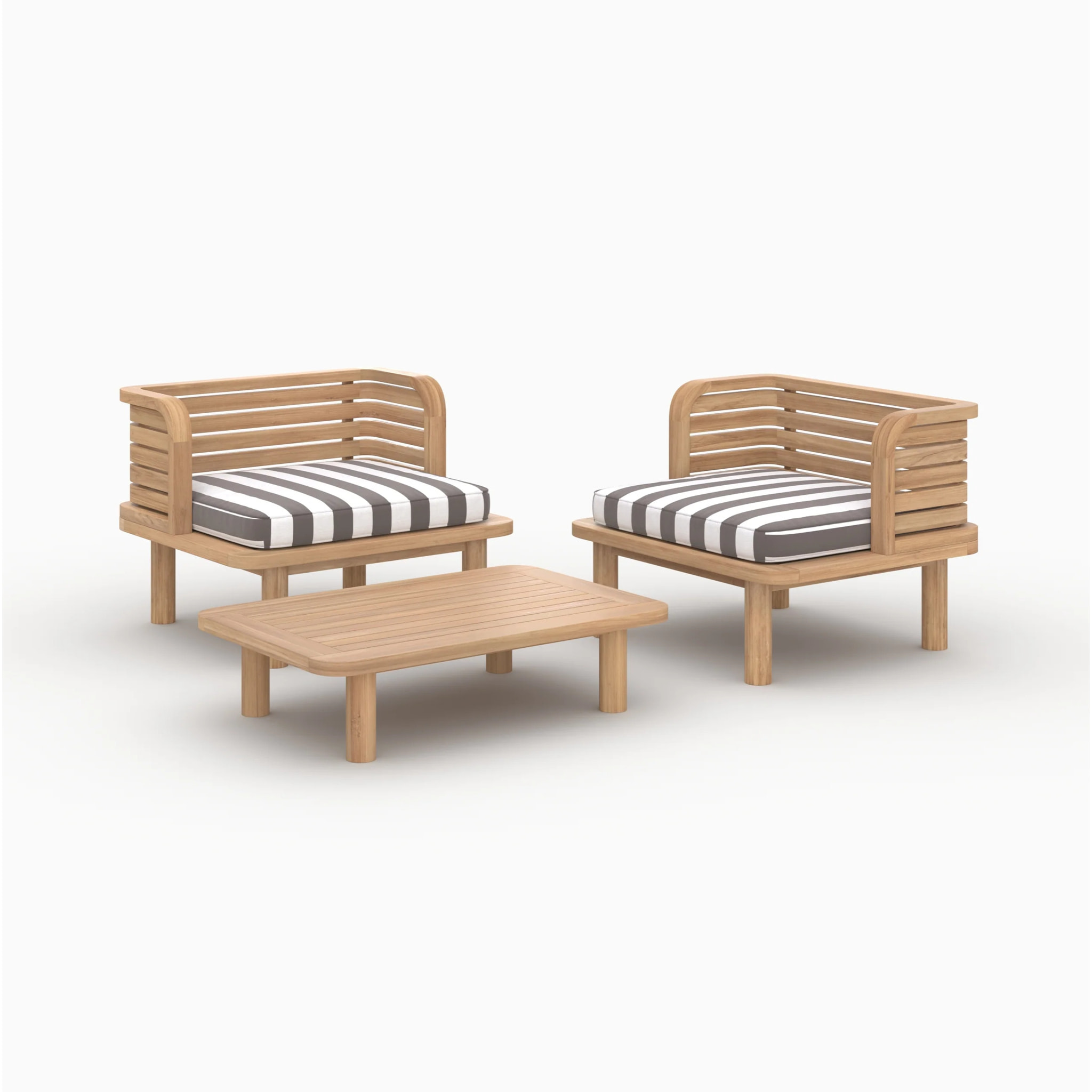 Salon de jardin 2 places en teck et tissu rayé gris, 2 fauteuils - Kilda