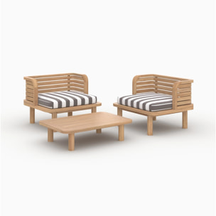 Salon de jardin 2 places en teck et tissu rayé gris, 2 fauteuils - Kilda