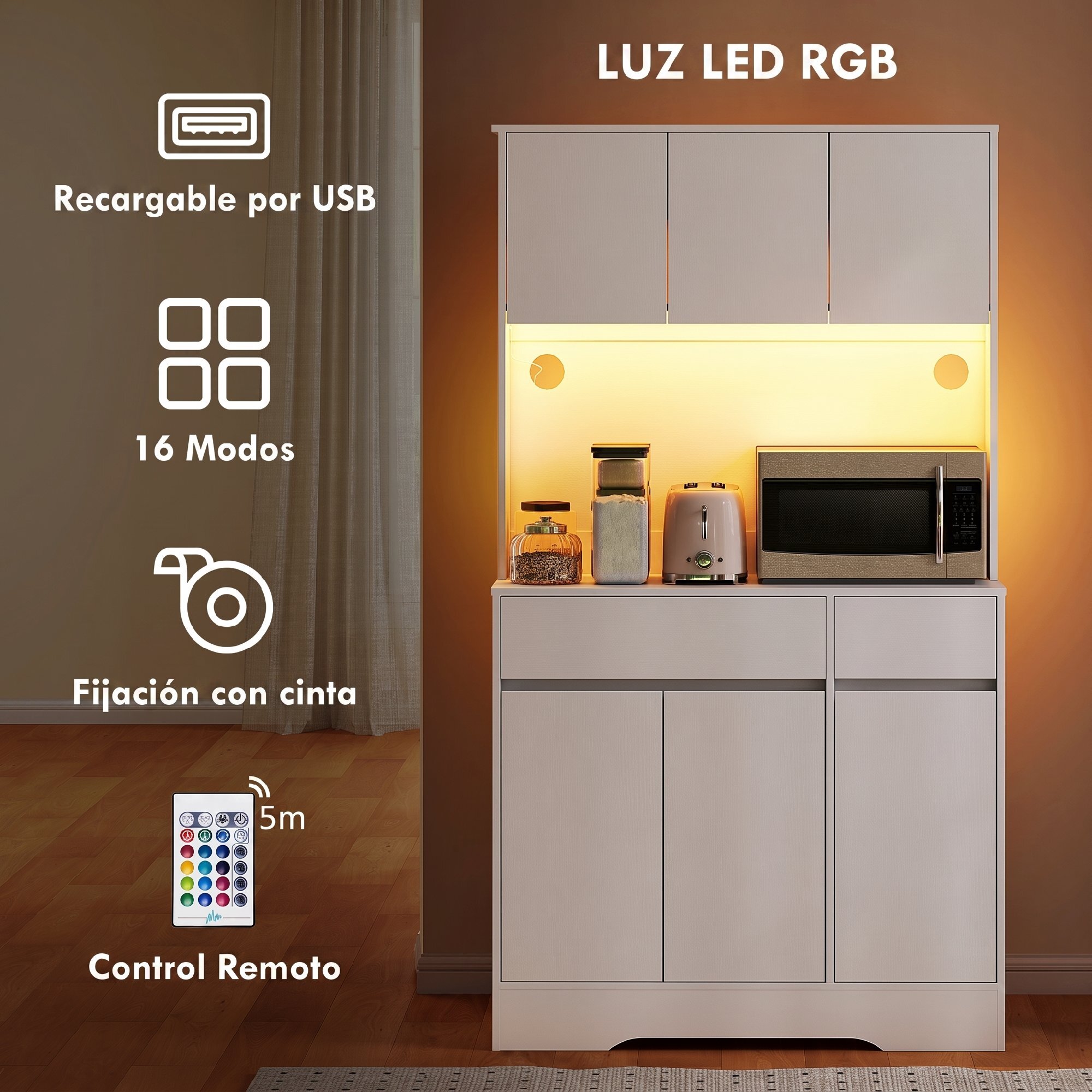 Alacena de Cocina con Luz LED RGB, Mueble de Cocina con Encimera para Microondas, 6 Puertas, 2 Cajones, Estantes Ajustables y Control Remoto, 100x38x180 cm, Blanco