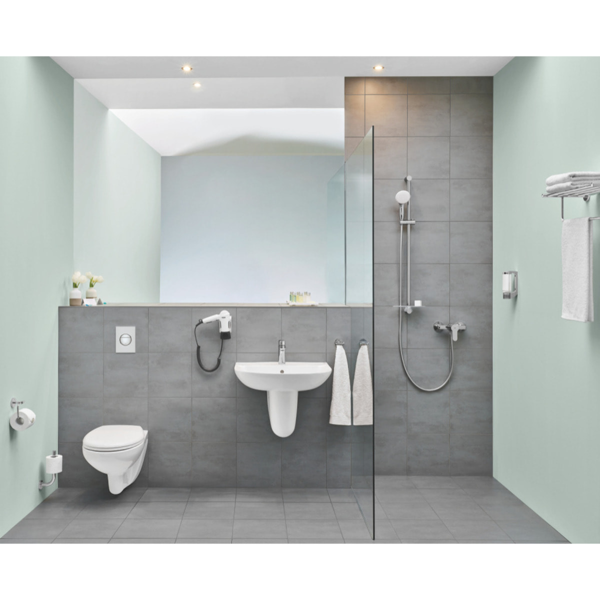 Pack Bati-support Geberit UP100 + Plaque Delta50 chrome + Cuvette Grohe BauClassic suspendue sans bride (BauClassicGeb2)