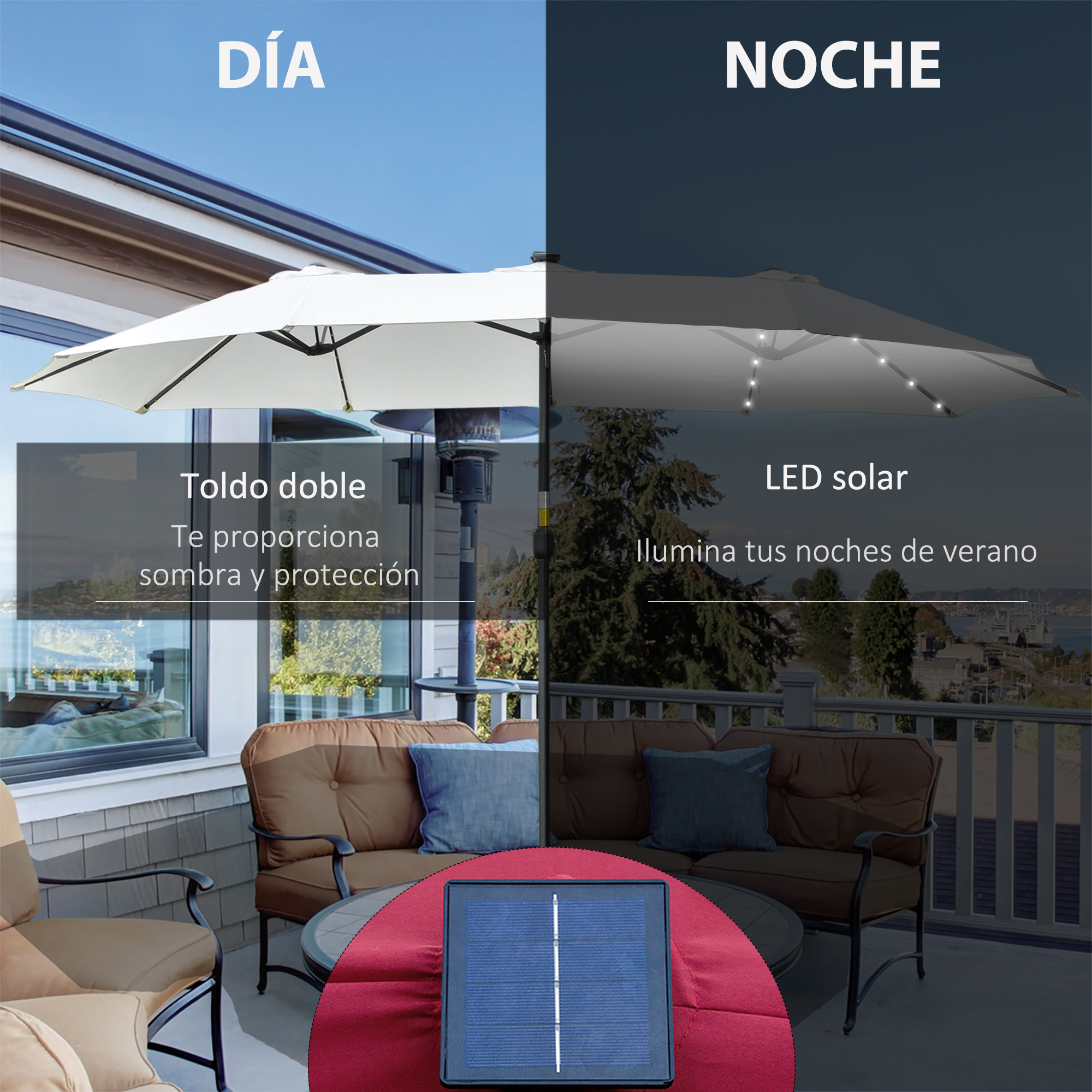 Sombrilla Doble con 48 Luces LED, 4,5x2,65 m, Sombrilla Terraza Exterior con Manivela Manual, Resistente al Agua y Protección Solar, Parasol para Jardín, Terraza, Patio y Piscina, Crema