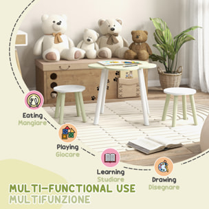 ZONEKIZ Set Tavolo e Sedie per Bambini 2-5 Anni, 3 pezzi in MDF e Legno di Pino con Design a Fiori, Giallo e Bianco