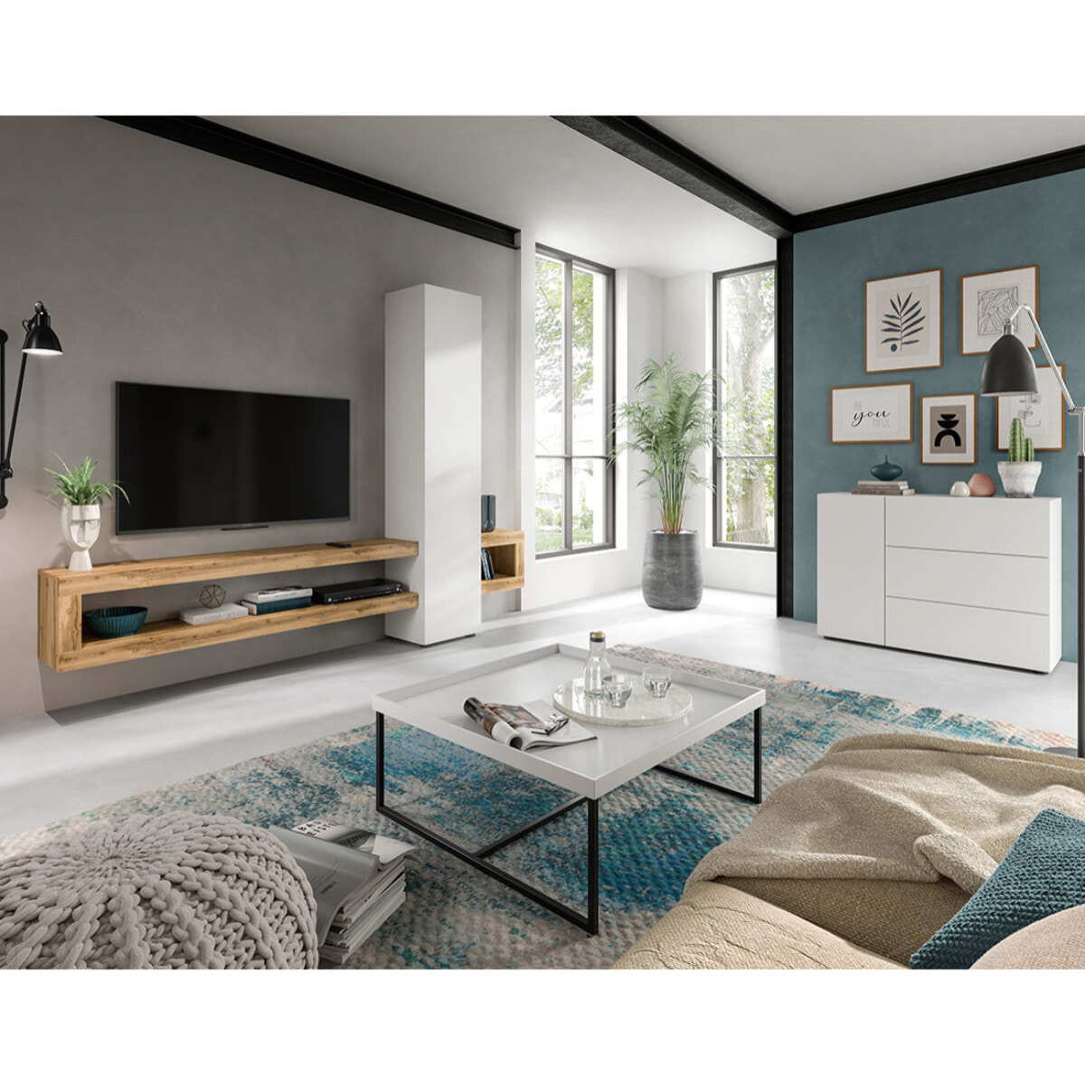 Ned - meuble tv suspendu - 1 porte et 3 étagères - bois et blanc - 240 cm - Bois / Blanc
