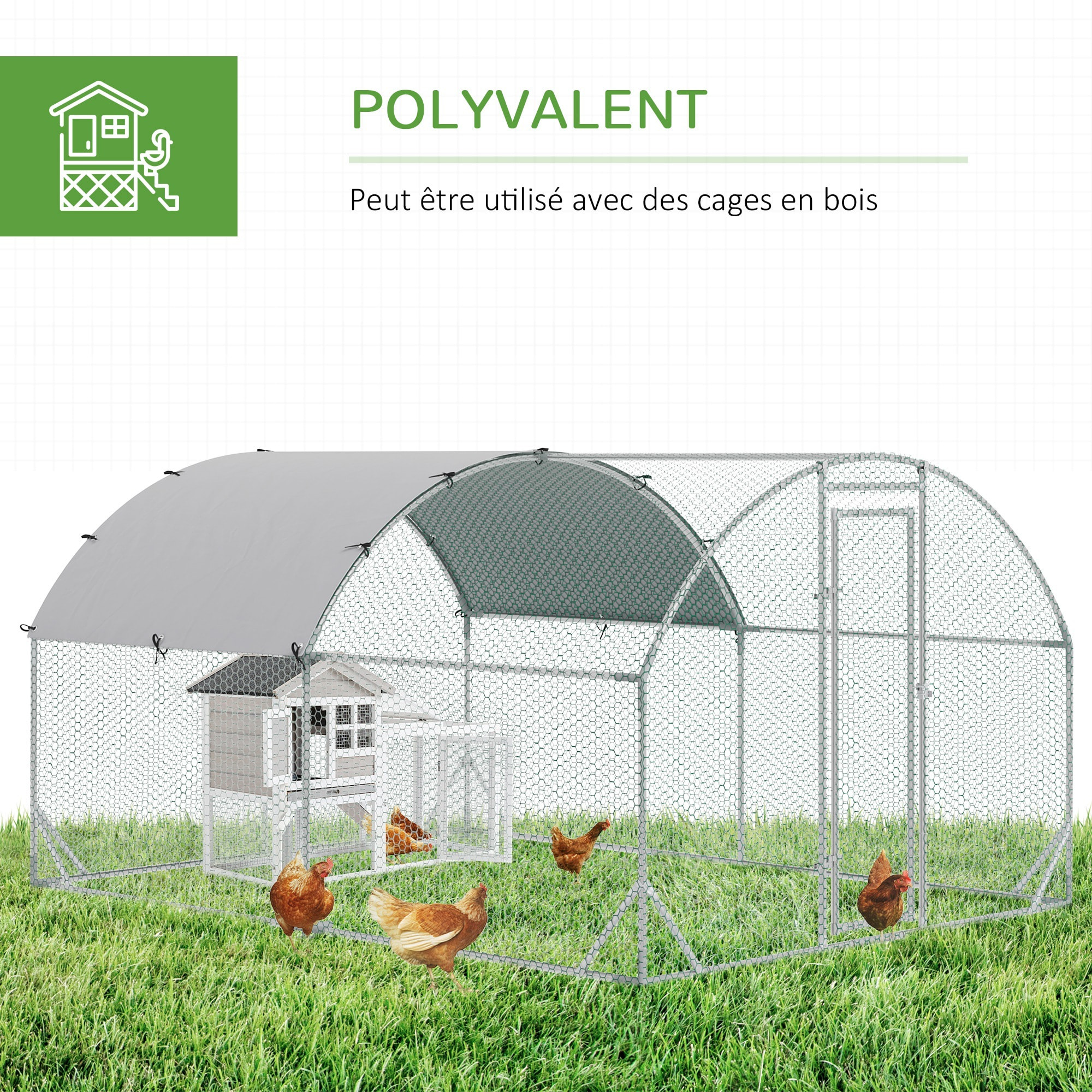 Enclos poulailler chenil 10,64 m² - parc grillagé dim. 3,8L x 2,8l x 1,97H m - espace couvert - acier galvanisé