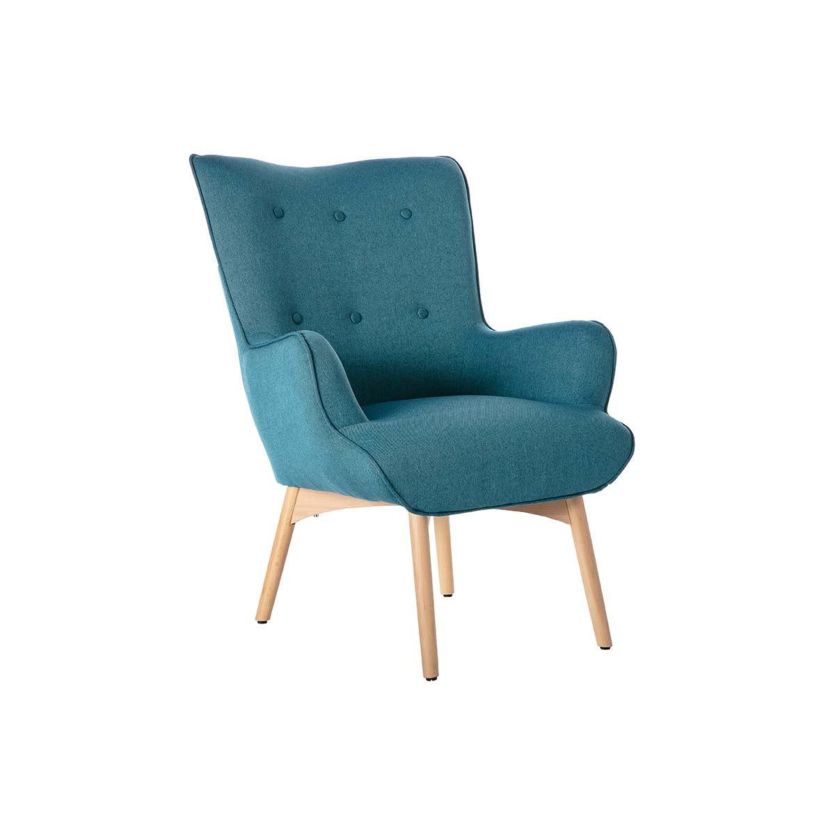 Fauteuil avec repose-pieds scandinave en tissu bleu canard et bois clair BRISTOL