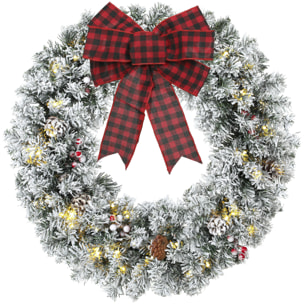 HOMCOM Corona de Navidad Puerta Efecto Nevado con 50 LED Luces, 8 Modos, Guirnalda de Navidad con Piñas, Bayas y Lazo Festivo, Corona Navideña Artificial, Decoración para Chimenea, Pared, Ventana