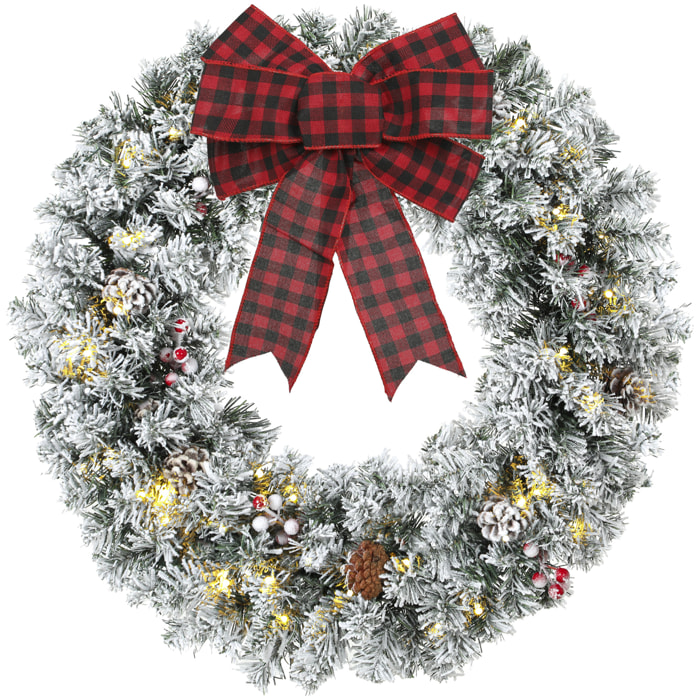 HOMCOM Corona de Navidad Puerta Efecto Nevado con 50 LED Luces, 8 Modos, Guirnalda de Navidad con Piñas, Bayas y Lazo Festivo, Corona Navideña Artificial, Decoración para Chimenea, Pared, Ventana