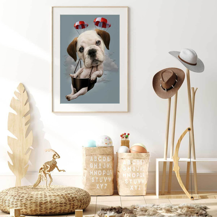 Affiche enfant chiot sur parachute  Affiche + cadre en bois - Chêne